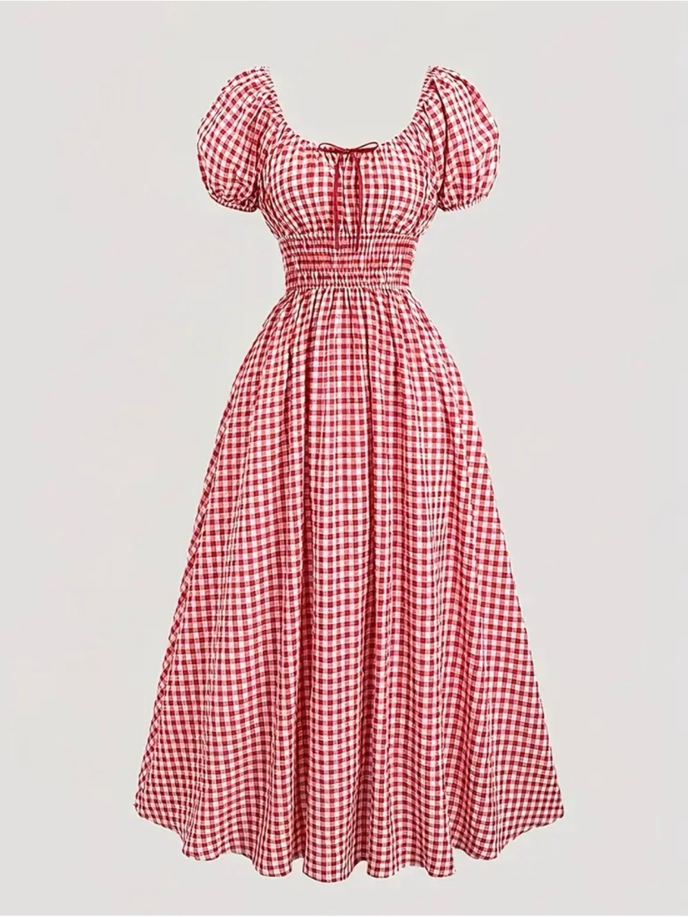 NWT Red Gingham Midi Dress with Puff Sleeves, Size Large